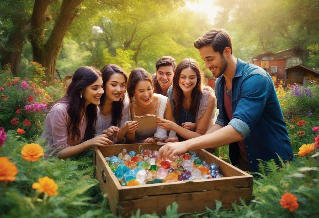 An adventurous scene showcasing a diverse group of individuals engaging in a scavenger hunt in a vibrant, sun-dappled park. They search through whimsical vintage crates filled with unique and aesthetic treasures like gemstones, antique trinkets, and eclectic art pieces. Lush greenery and colorful flowers frame the background, creating a sense of excitement and discovery. Emphasize the variety and beauty of the treasures and the joy on the hunters' faces. super-realistic. vibrant colors. whimsical style.