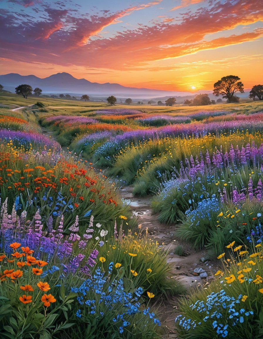 A serene landscape featuring a person exploring a vast field of vibrant wildflowers and sparkling gemstones scattered throughout. The sky is painted in soft pastels at sunset, emphasizing a sense of tranquility and wonder. Elements of nature, such as butterflies and gentle streams, add to the enchanting atmosphere. In the foreground, an open journal lies with sketches of the gems found. surrealism. vibrant colors. painterly texture.