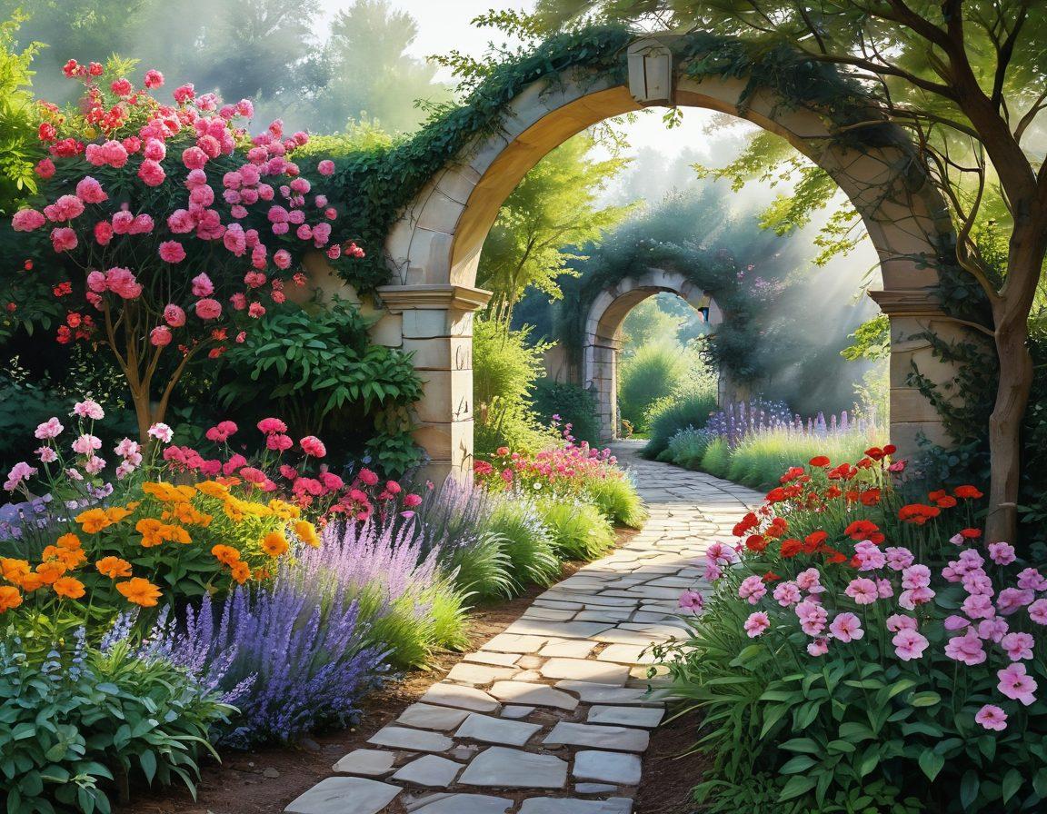A serene landscape depicting a hidden garden filled with vibrant flowers symbolizing beauty and charm, intertwined with sparkling streams and gentle breezes. In the foreground, a winding pathway leads to a mysterious, enchanting archway shrouded in soft mist, inviting exploration. The overall ambiance should convey a sense of tranquility and wonder. watercolor painting. vibrant colors. soft focus.